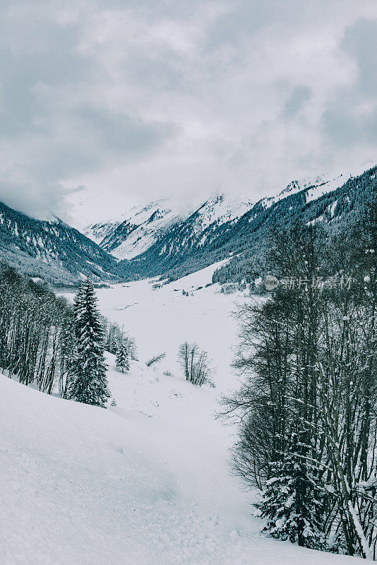 在白雪覆盖和冰冻的Speicher Durlassboden湖与松树和白雪覆盖的山脉